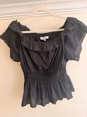 Adam Lippes Black Ruffle-Neck Smocked Peplum Top
